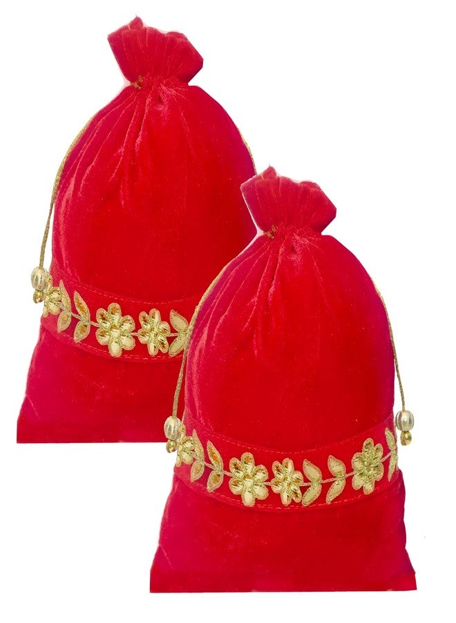 Dulhan Handcrafted Red Velvet Gota Patti Potli Bags | Traditional Embroidered Gift Bags for Wedding, Diwali, Mehndi Baby Shower | Zari Tassels and Moti Work | Reusable Decorative Pouches (Pack of 2) - Image 1
